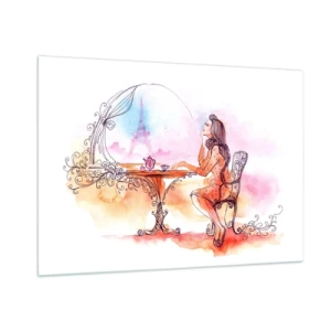 Obraz na szkle - Kobieta przy stoliku z widokiem na Wieżę Eiffla w pastelowej tonacji - 100x70cm - Paryski szyk - Nowoczesna dekoracja ścienna do salonu, kuchni i sypialni ARTTOR