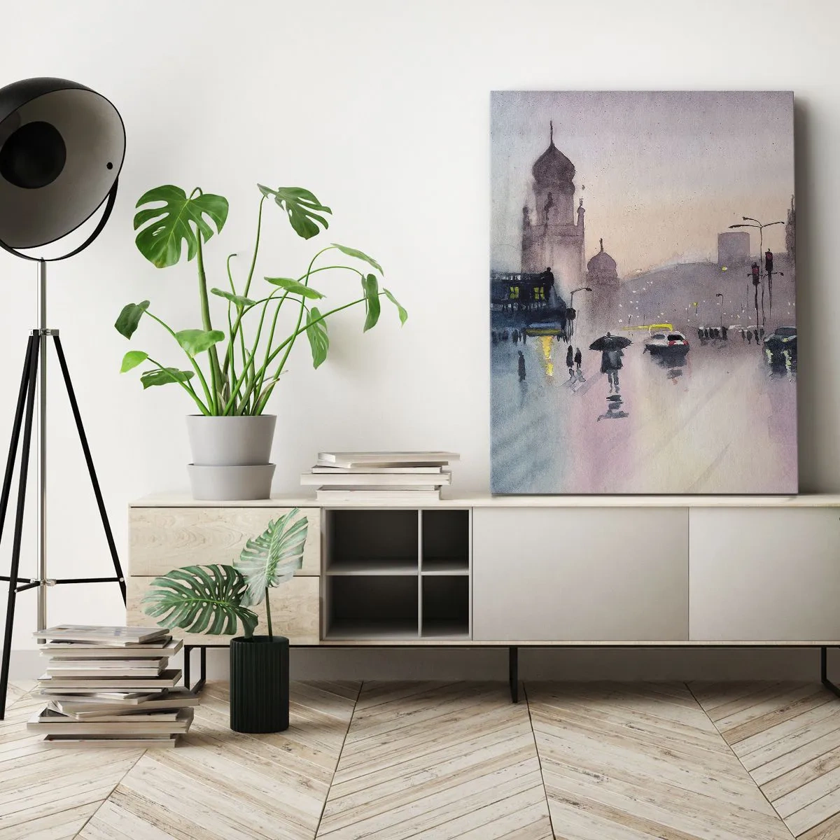 Obraz na płótnie - Miejski krajobraz w deszczu w stylu akwareli - 50x70cm - W deszczowej mgiełce - Nowoczesna dekoracja ścienna do salonu, kuchni i sypialni ARTTOR