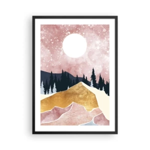 Plakat w czarnej ramie - Abstrakcyjny pejzaż z lasem, górami i złotym akcentem - 50x70cm - Nocna straż - Nowoczesna dekoracja ścienna do salonu i sypialni ARTTOR