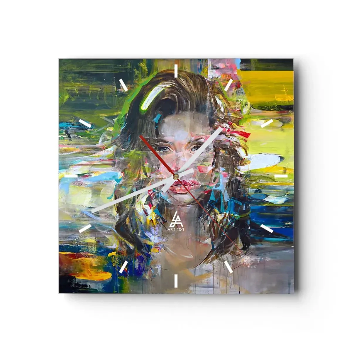 Zegar ścienny - Abstrakcyjny portret kobiety w intensywnych kolorach - 30x30cm - Za powietrza zasłoną - Nowoczesna dekoracja ścienna do salonu i sypialni ARTTOR