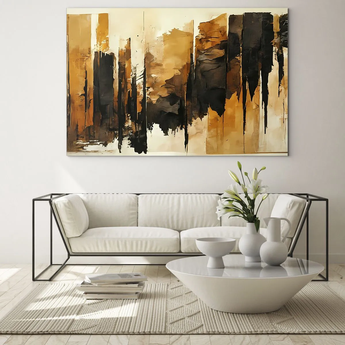 Obraz na szkle - Złoto-brązowa abstrakcja z pionowymi strukturami - 70x50cm - Harmonia czerni i złota - Nowoczesna dekoracja ścienna do salonu i sypialni ARTTOR