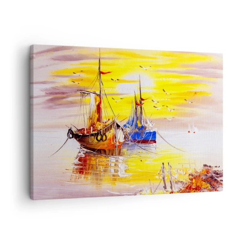 Obraz na płótnie - Malarska scena z łodziami na spokojnym morzu - 70x50cm - Zasłużony odpoczynek w porcie - Nowoczesna dekoracja ścienna do salonu i sypialni ARTTOR