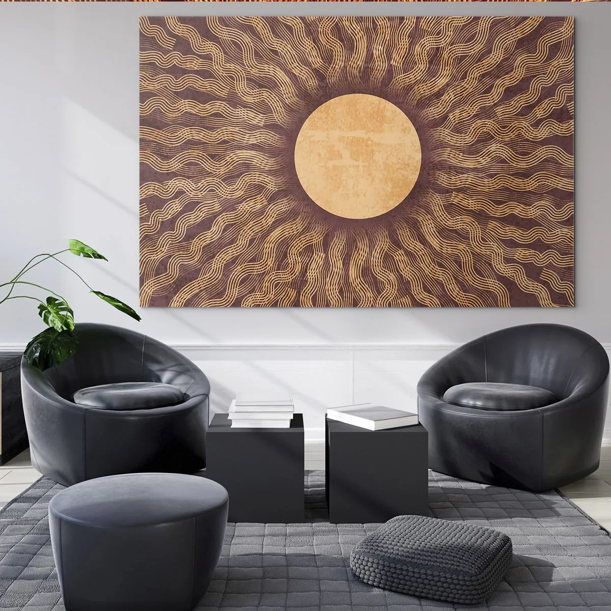 Obraz na szkle - Stylizowane słońce z promieniami w formie falistych linii na tle brązu - 70x50cm - Ikona słońca - Nowoczesna dekoracja ścienna do salonu i sypialni ARTTOR