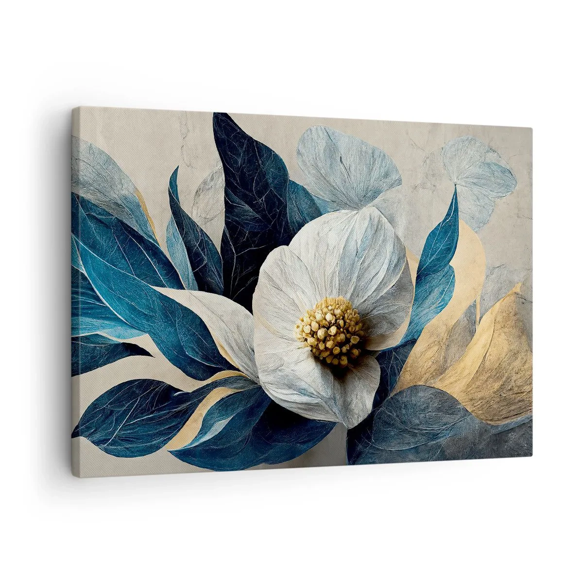 Obraz na płótnie - Kwiat z błękitnymi liśćmi na eleganckim tle - 70x50cm - Ma złote serce - Nowoczesna dekoracja ścienna do salonu i sypialni ARTTOR