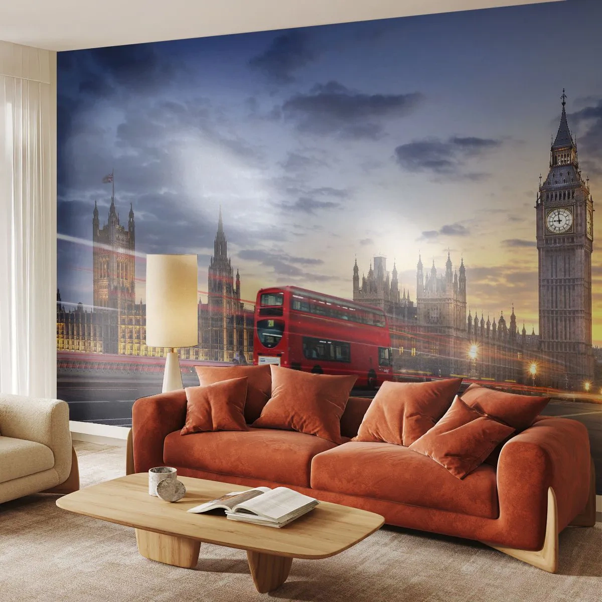 Fototapeta Premium Sand - Londyński autobus na tle Big Bena o zachodzie słońca - 100x70cm - Znaki szczególne - Nowoczesna dekoracja ścienna do salonu, kuchni i sypialni ARTTOR