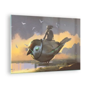 Obraz na szkle - Postać na gigantycznym ptaku w świetle zachodzącego słońca - 70x50cm - Przystanek w fantastycznej podróźy - Nowoczesna dekoracja ścienna do salonu i sypialni ARTTOR