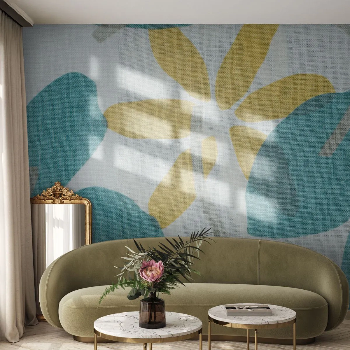 Fototapeta Samoprzylepna Deluxe Sticker - Wśród lazurowych liści - Boho, Kwiaty, Minimalizm - 450x315 cm