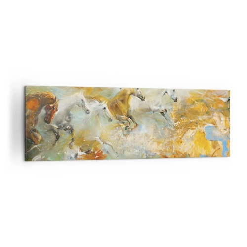 Obraz na płótnie - Artystyczne konie w dynamicznej scenerii pełnej kolorów - 160x50cm - Galopem przez światło - Nowoczesna dekoracja ścienna do salonu i sypialni ARTTOR