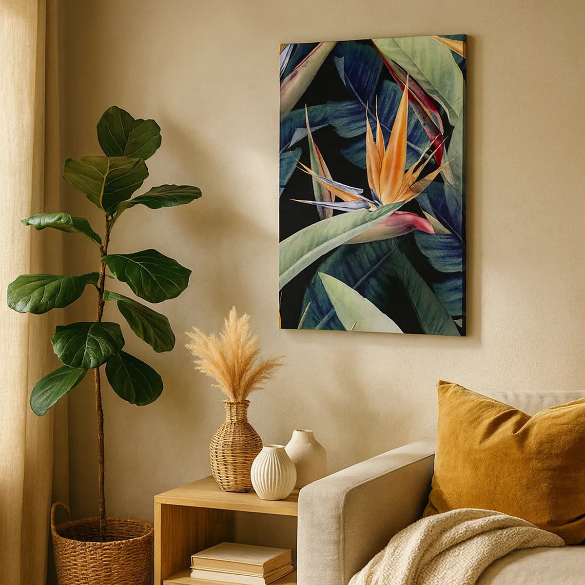 Obraz na płótnie - Strelitzia wśród tropikalnych liści na ciemnym tle - 50x70cm - Płomienne kwiaty tropików - Nowoczesna dekoracja ścienna do salonu, kuchni i sypialni ARTTOR