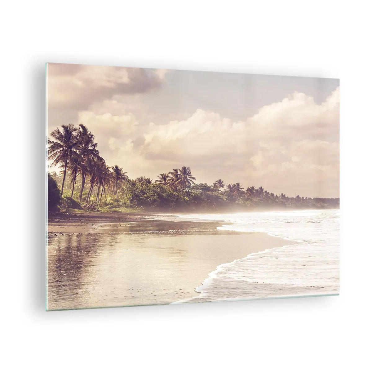 Obraz na szkle - Złocista plaża z palmami i spokojnym oceanem przy delikatnym świetle - 70x50cm - Pieszczota fal - Nowoczesna dekoracja ścienna do salonu i sypialni ARTTOR