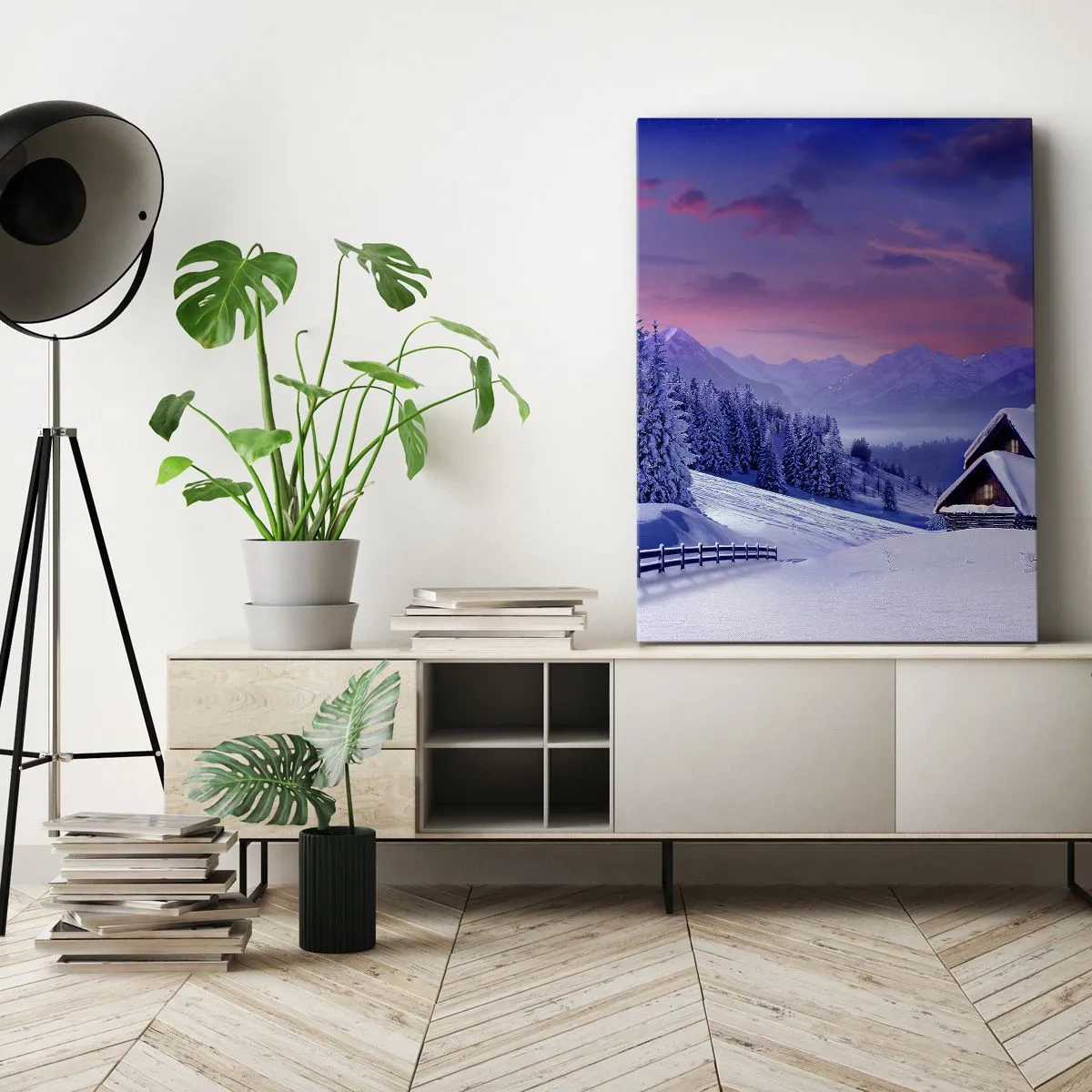 Obraz na płótnie - Zimowy krajobraz z chatą i górskim tłem - 50x70cm - Cicha noc - Nowoczesna dekoracja ścienna do salonu, kuchni i sypialni ARTTOR