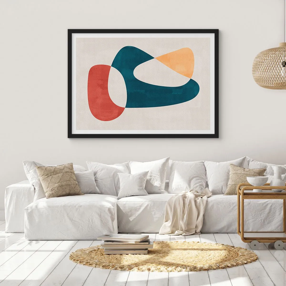 Plakat w czarnej ramie - Abstrakcyjne kształty w harmonijnych kolorach - 100x70cm - Wpływy i metamorfozy - Nowoczesna dekoracja ścienna do salonu i sypialni ARTTOR