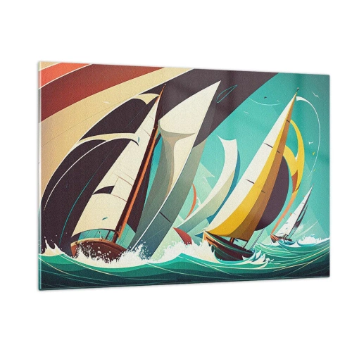 Obraz na szkle - Ilustracja żaglówek na wzburzonym morzu w stylu retro - 120x80cm - Z żywiołami za pan brat - Nowoczesna dekoracja ścienna do salonu, kuchni i sypialni ARTTOR