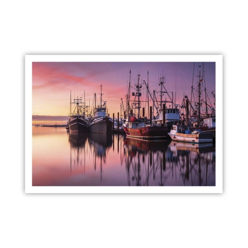 Plakat - Łodzie rybackie w porcie o zachodzie słońca - 100x70cm - Przed kolejnym dniem - Nowoczesna dekoracja ścienna do salonu i sypialni ARTTOR