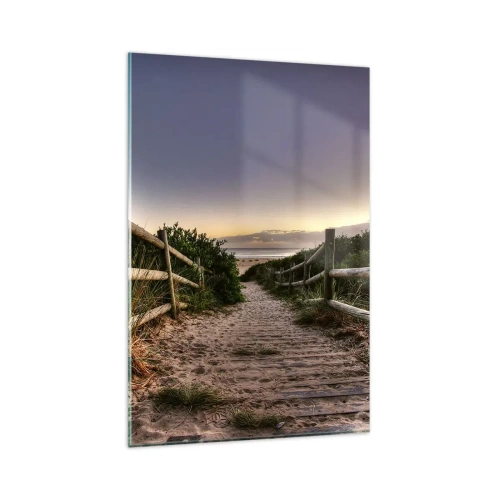 Obraz na szkle - Drewniana ścieżka na wydmach prowadząca na plażę o zachodzie słońca - 80x120cm - Już widać cel - Nowoczesna dekoracja ścienna do salonu i sypialni ARTTOR