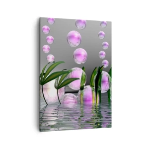 Obraz na płótnie - Abstrakcja z różowymi kulami i liśćmi na wodzie - 50x70cm - Refleksyjna kompozycja lekkości i życia - Nowoczesna dekoracja ścienna do salonu, kuchni i sypialni ARTTOR