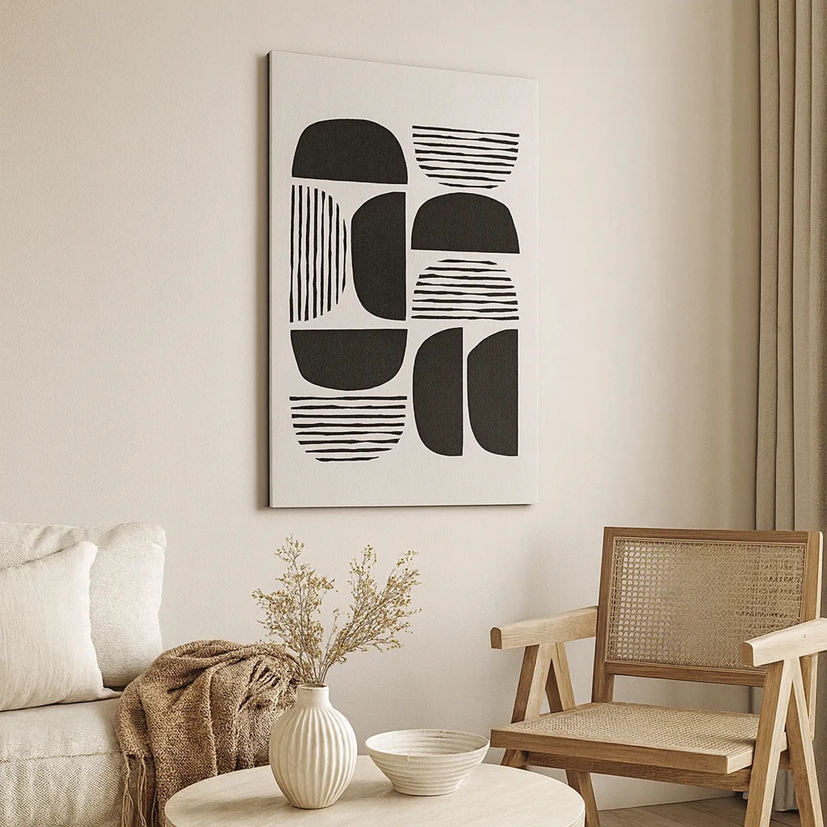 Obraz na płótnie - Abstrakcyjna kompozycja geometrycznych form w czerni - 50x70cm - Połowiczne układy - Nowoczesna dekoracja ścienna do salonu, kuchni i sypialni ARTTOR