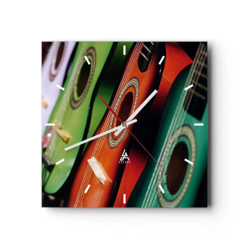 Zegar ścienny - Kolorowe gitary w różnych odcieniach ułożone w szeregu - 30x30cm - Gitara ma wiele barw - Nowoczesna dekoracja ścienna do salonu i sypialni ARTTOR