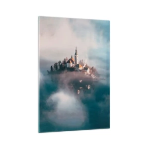 Obraz na szkle - Malownicza wyspa z kościołem w otoczeniu mgły - 70x100cm - Wyspa marzeń - Nowoczesna dekoracja ścienna do salonu i sypialni ARTTOR