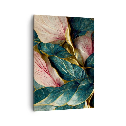 Obraz na płótnie - Kompozycja ciemnozielonych liści ze złotymi i różowymi akcentami - 50x70cm - Naturalna elegancja i styl - Nowoczesna dekoracja ścienna do salonu, kuchni i sypialni ARTTOR