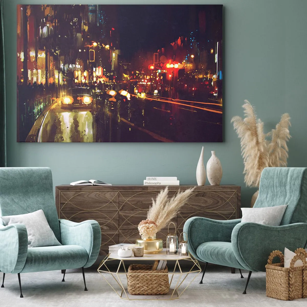 Obraz na płótnie - Nocna scena miasta z kolorowymi światłami i refleksami na ulicy - 70x50cm - Zatopiona w światłach nocy - Nowoczesna dekoracja ścienna do salonu i sypialni ARTTOR