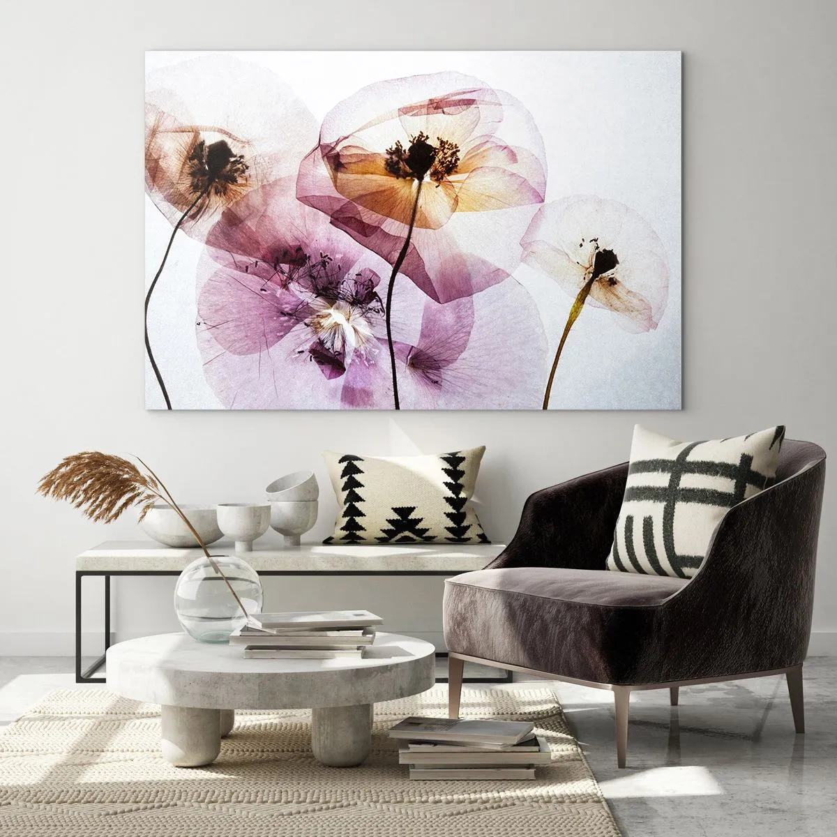 Obraz na szkle - Delikatne kwiaty w przezroczystych pastelowych barwach na jasnym tle - 70x50cm - Kwiatów ciała przezrocze - Nowoczesna dekoracja ścienna do salonu i sypialni ARTTOR