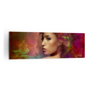 Obraz na płótnie - Kobieta z kolorowymi refleksami tworzącymi abstrakcyjne tło - 160x50cm - Piękniejsza od tęczy, delikatna jak mgła - Nowoczesna dekoracja ścienna do salonu i sypialni ARTTOR