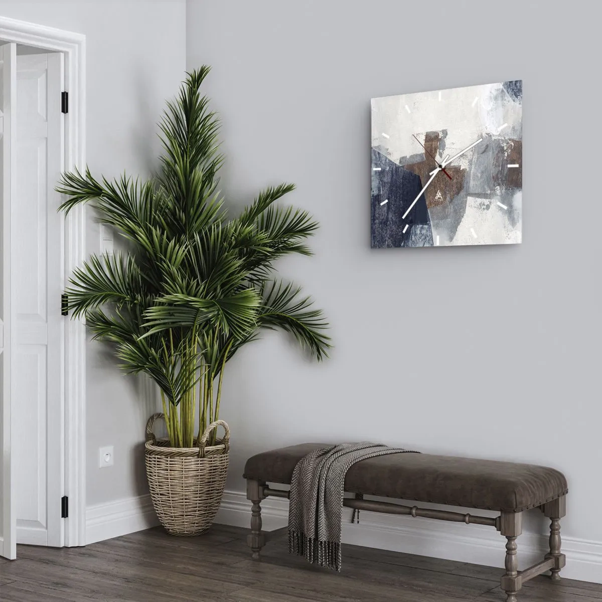 Zegar ścienny - Abstrakcyjne kształty w odcieniach błękitu i brązu - 30x30cm - Błękitno-brunatne kształty - Nowoczesna dekoracja ścienna do salonu i sypialni ARTTOR