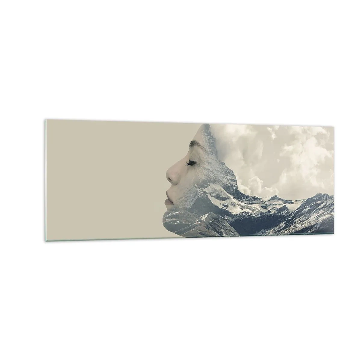 Obraz na szkle - Sylwetka kobiety z krajobrazem gór w tle - 140x50cm - Uroda żywiołów - Nowoczesna dekoracja ścienna do salonu i sypialni ARTTOR