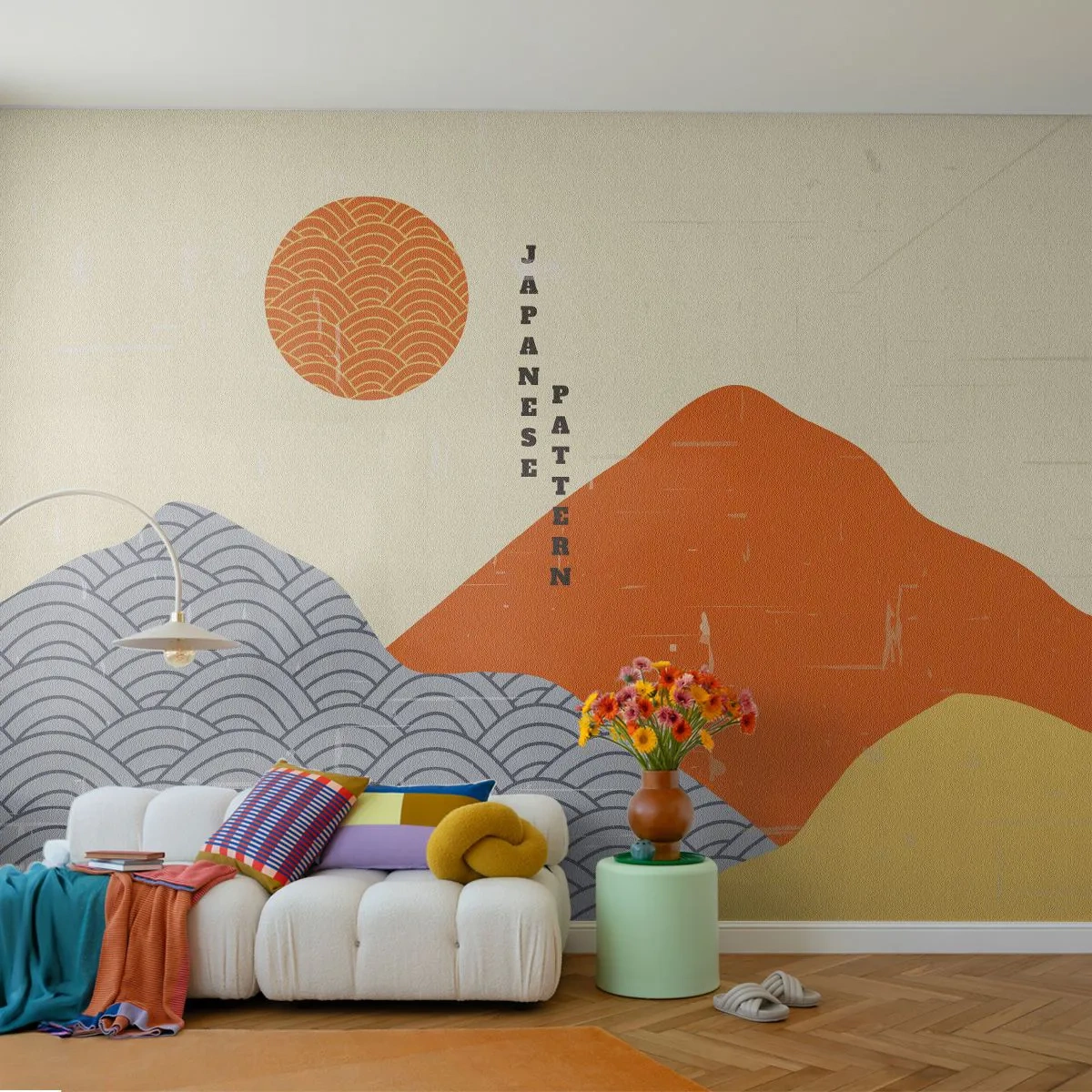 Fototapeta Premium Sand - Japoński wzór z górami i słońcem w geometrycznym stylu - 100x70cm - W japońskim duchu - Nowoczesna dekoracja ścienna do salonu, kuchni i sypialni ARTTOR