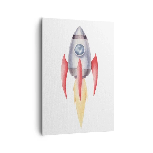 Obraz na płótnie - Rakieta w stylu akwarelowym na białym tle - 70x100cm - Wyżej, prędzej, dalej - Nowoczesna dekoracja ścienna do salonu i sypialni ARTTOR