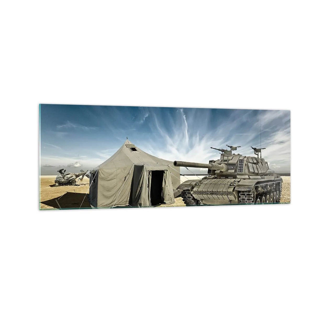 Obraz na szkle - Czołg obok wojskowego namiotu na pustynnym terenie - 140x50cm - Militarny sen - Nowoczesna dekoracja ścienna do salonu i sypialni ARTTOR