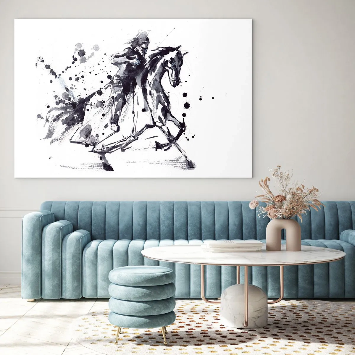 Obraz na szkle - Czarno-biały obraz jeźdźca na koniu w stylu abstrakcyjnym - 120x80cm - Czarny rycerz - Nowoczesna dekoracja ścienna do salonu, kuchni i sypialni ARTTOR