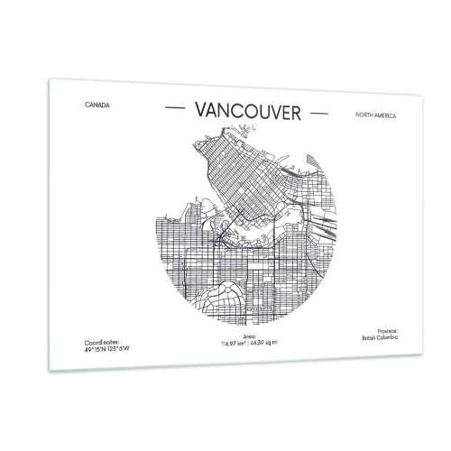 Obraz na szkle - Mapa Vancouver z układem ulic w czarno-białym stylu - 120x80cm - Anatomia Vancouver - Nowoczesna dekoracja ścienna do salonu, kuchni i sypialni ARTTOR