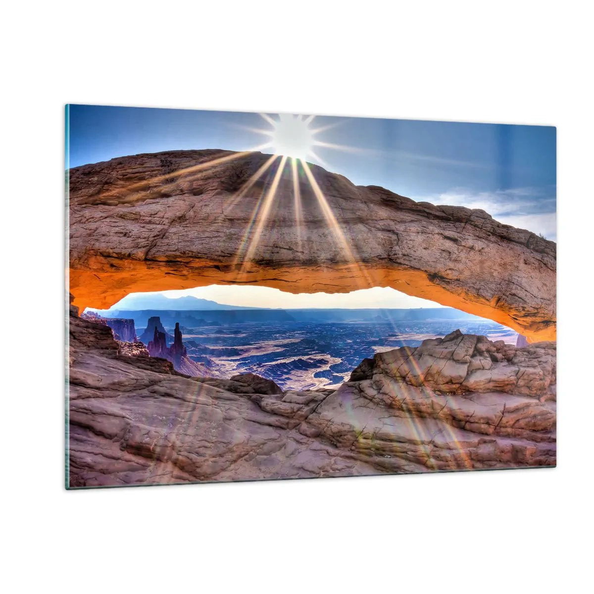 Obraz na szkle - Skalny łuk z promieniami słońca na tle krajobrazu - 120x80cm - Przez skalną bramę - Nowoczesna dekoracja ścienna do salonu, kuchni i sypialni ARTTOR