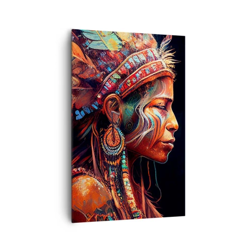 Obraz na płótnie - Kolorowa postać w stylu etnicznym z filiżanką parującego napoju - 80x120cm - Magiczny rytuał - Nowoczesna dekoracja ścienna do salonu i sypialni ARTTOR