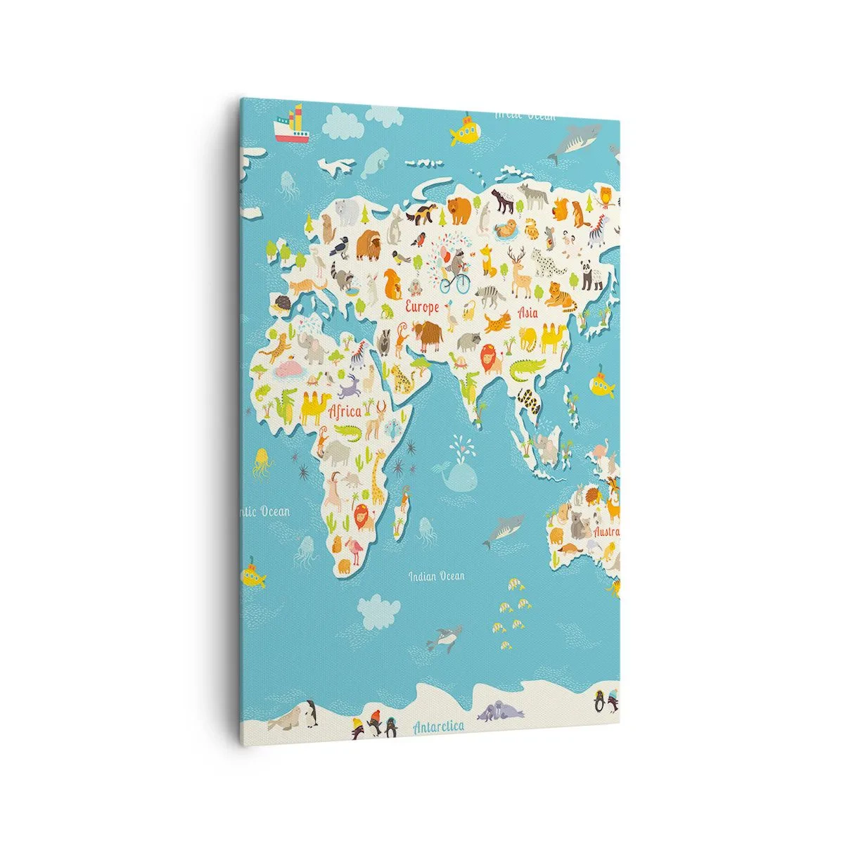 Obraz na płótnie - Kolorowa mapa świata z ilustracjami zwierząt - 80x120cm - Kochamy cały świat - Nowoczesna dekoracja ścienna do salonu i sypialni ARTTOR