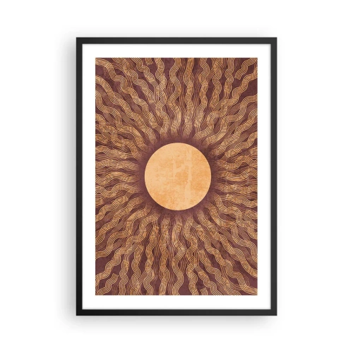 Plakat w czarnej ramie - Stylizowane słońce z promieniami w odcieniach złota i brązu - 50x70cm - Ikona słońca - Nowoczesna dekoracja ścienna do salonu i sypialni ARTTOR