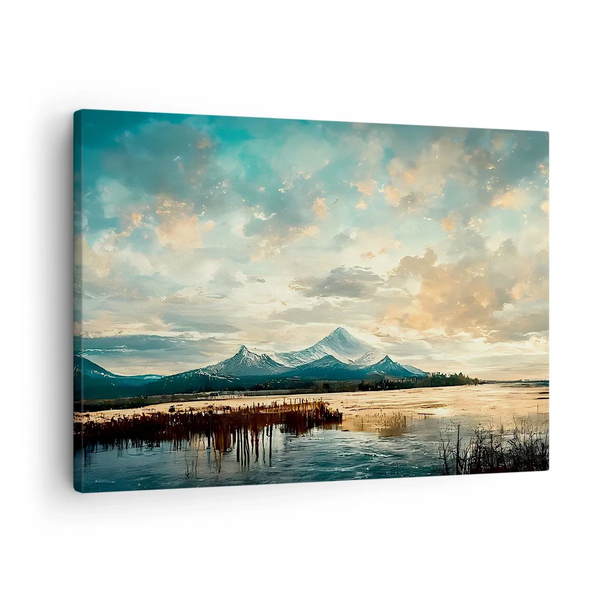 Obraz na płótnie - Malowniczy krajobraz z górą i spokojnym jeziorem - 70x50cm - Pod opieką nieba - Nowoczesna dekoracja ścienna do salonu i sypialni ARTTOR
