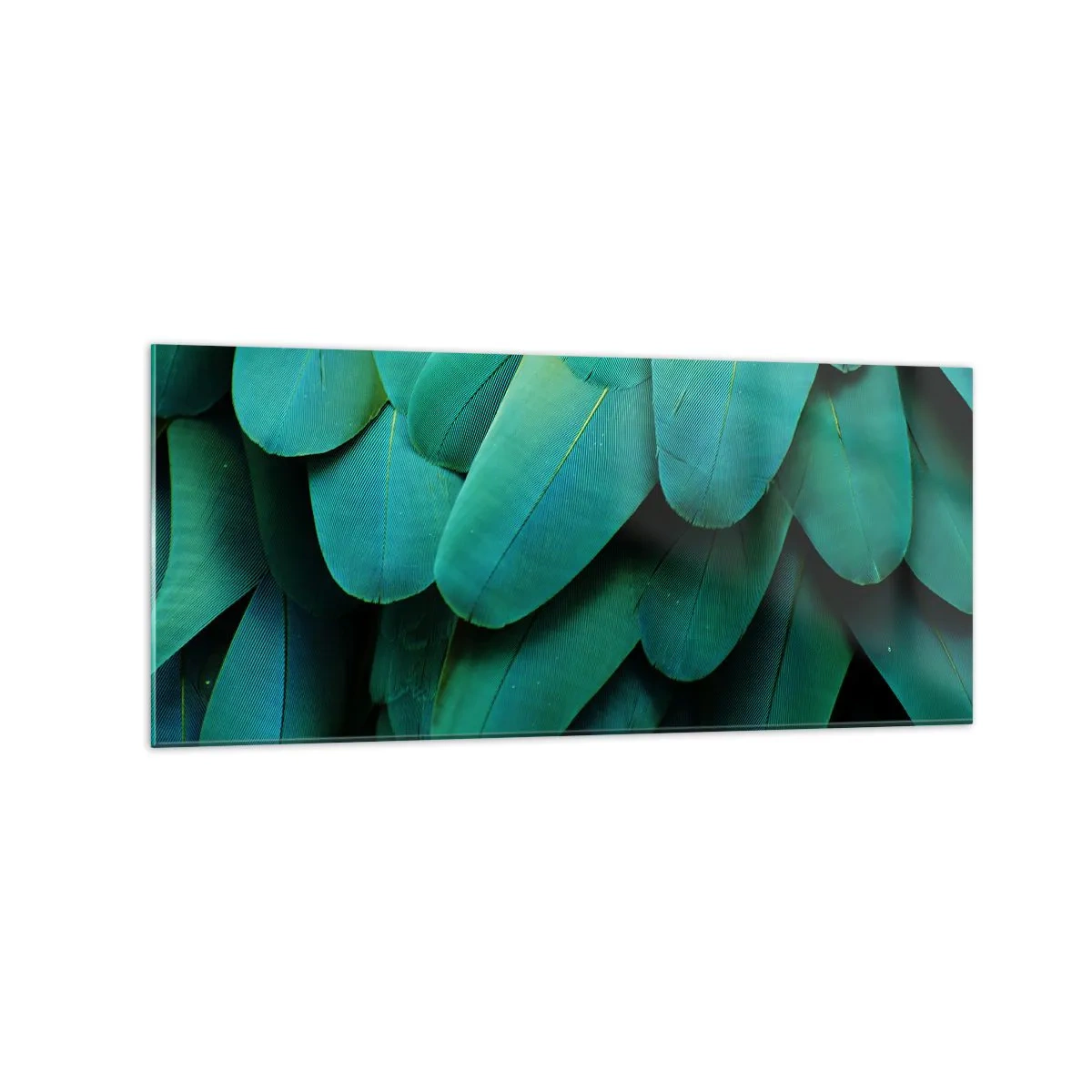 Obraz na szkle - Detal piór w odcieniach zieleni - 120x50cm - Precyzja papuziej natury - Nowoczesna dekoracja ścienna do salonu i sypialni ARTTOR