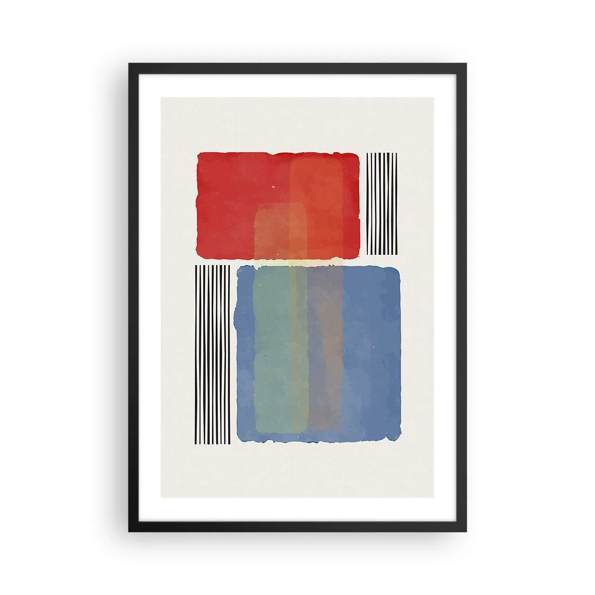 Plakat w czarnej ramie - Abstrakcyjna kompozycja z czerwonym i niebieskim prostokątem - 50x70cm - Duch i litera geometrii - Nowoczesna dekoracja ścienna do salonu i sypialni ARTTOR