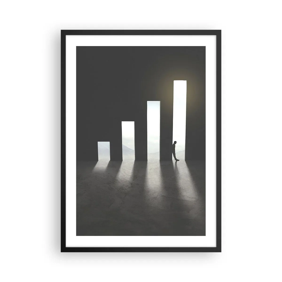 Plakat w czarnej ramie - Symboliczne drzwi w kształcie wykresu z postacią - 50x70cm - Sukces – impresja - Nowoczesna dekoracja ścienna do salonu i sypialni ARTTOR