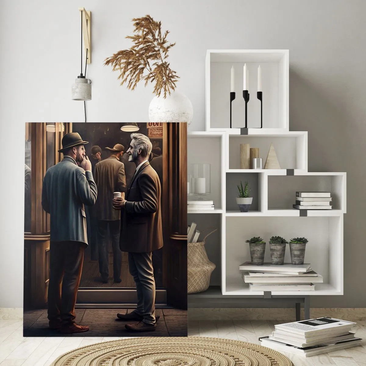 Obraz na szkle - Mężczyźni rozmawiający przed kawiarnią w miejskim klimacie retro - 50x70cm - Dobra chwila dnia - Nowoczesna dekoracja ścienna do salonu, kuchni i sypialni ARTTOR