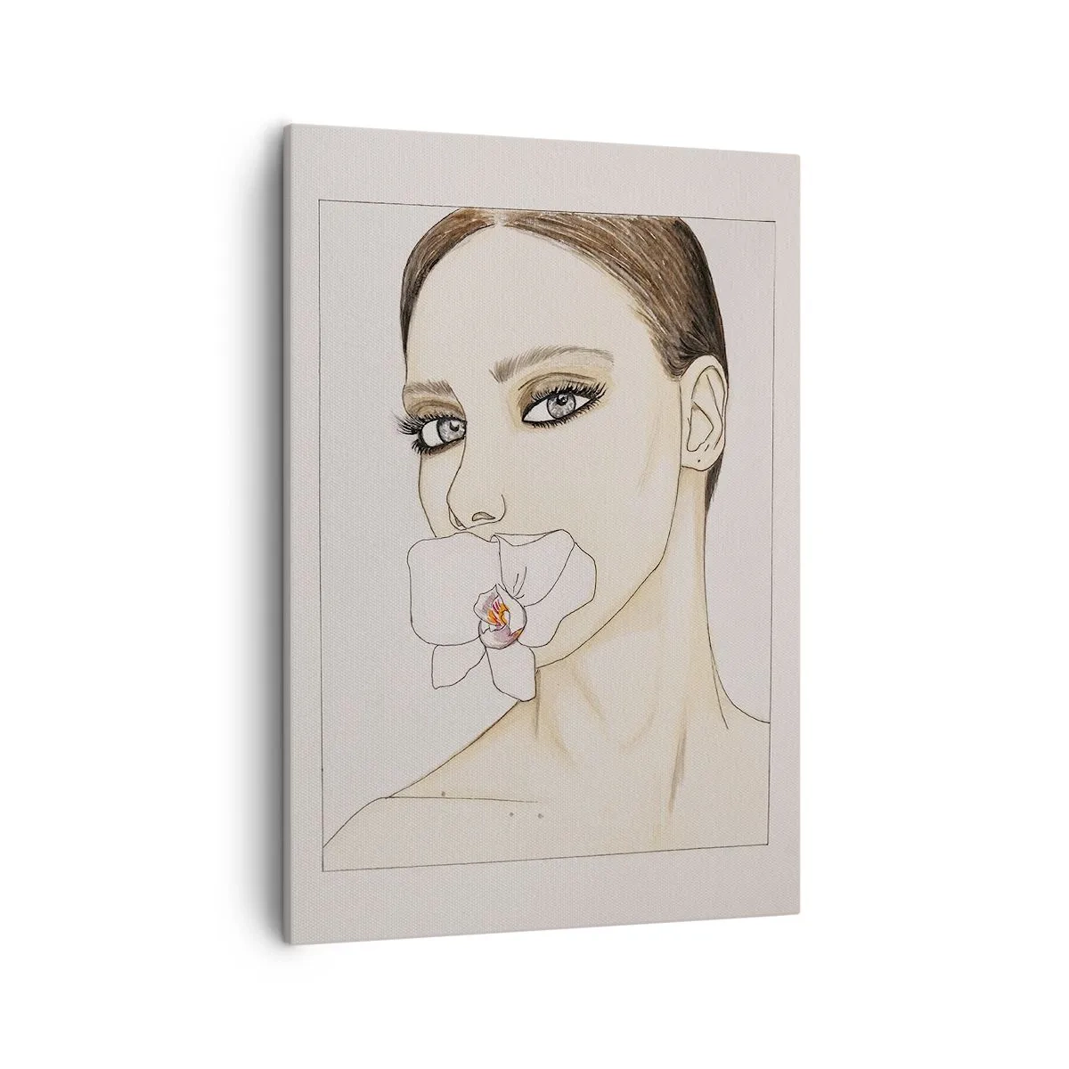 Obraz na płótnie - Portret kobiety z białym orchideą w ustach, styl ilustracyjny - 50x70cm - Symbol elegancji i piękna - Nowoczesna dekoracja ścienna do salonu, kuchni i sypialni ARTTOR