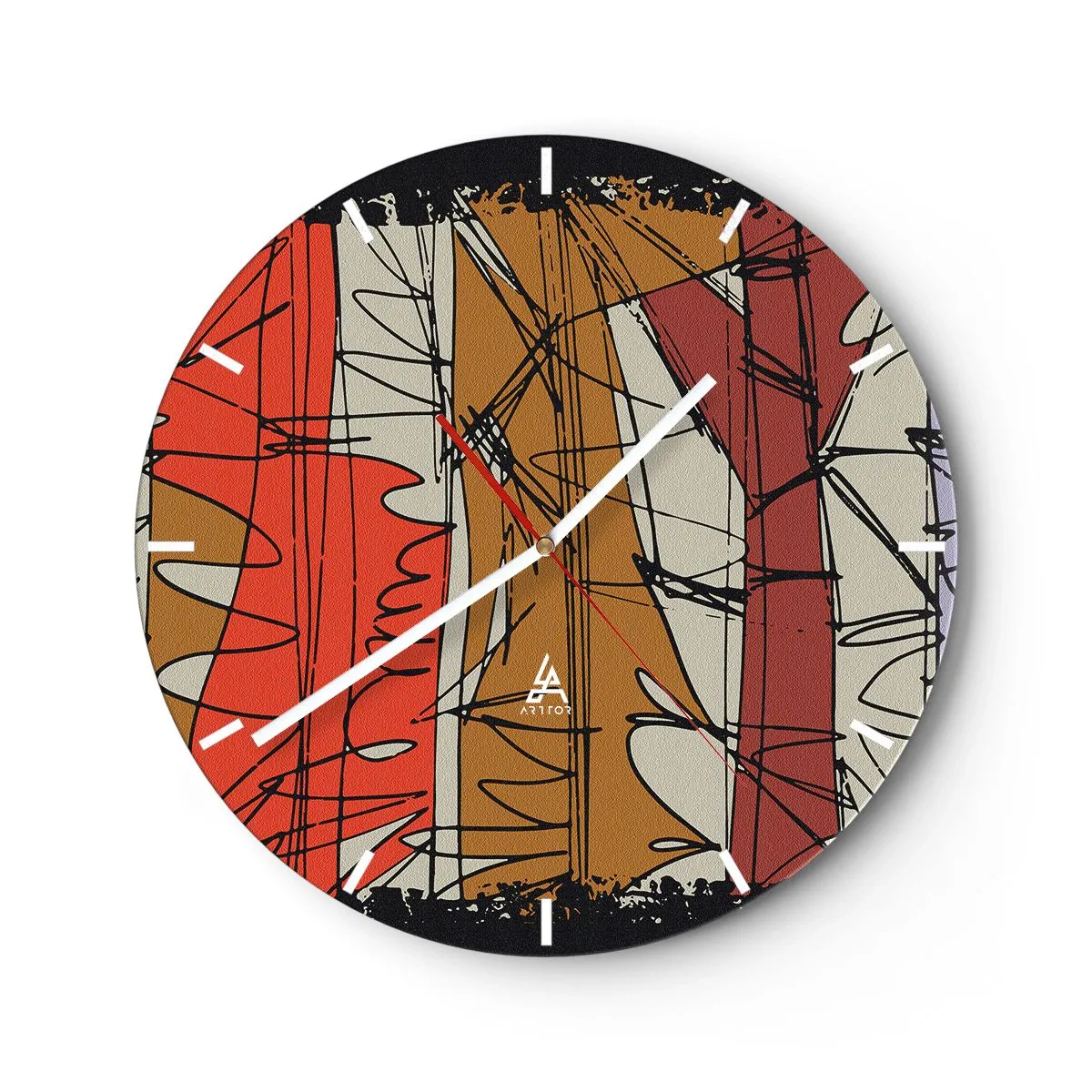 Zegar ścienny - Abstrakcyjne linie i plamy w ciepłej palecie kolorów - 30x30cm - Kompozycja spontaniczna - Nowoczesna dekoracja ścienna do salonu, kuchni i sypialni ARTTOR