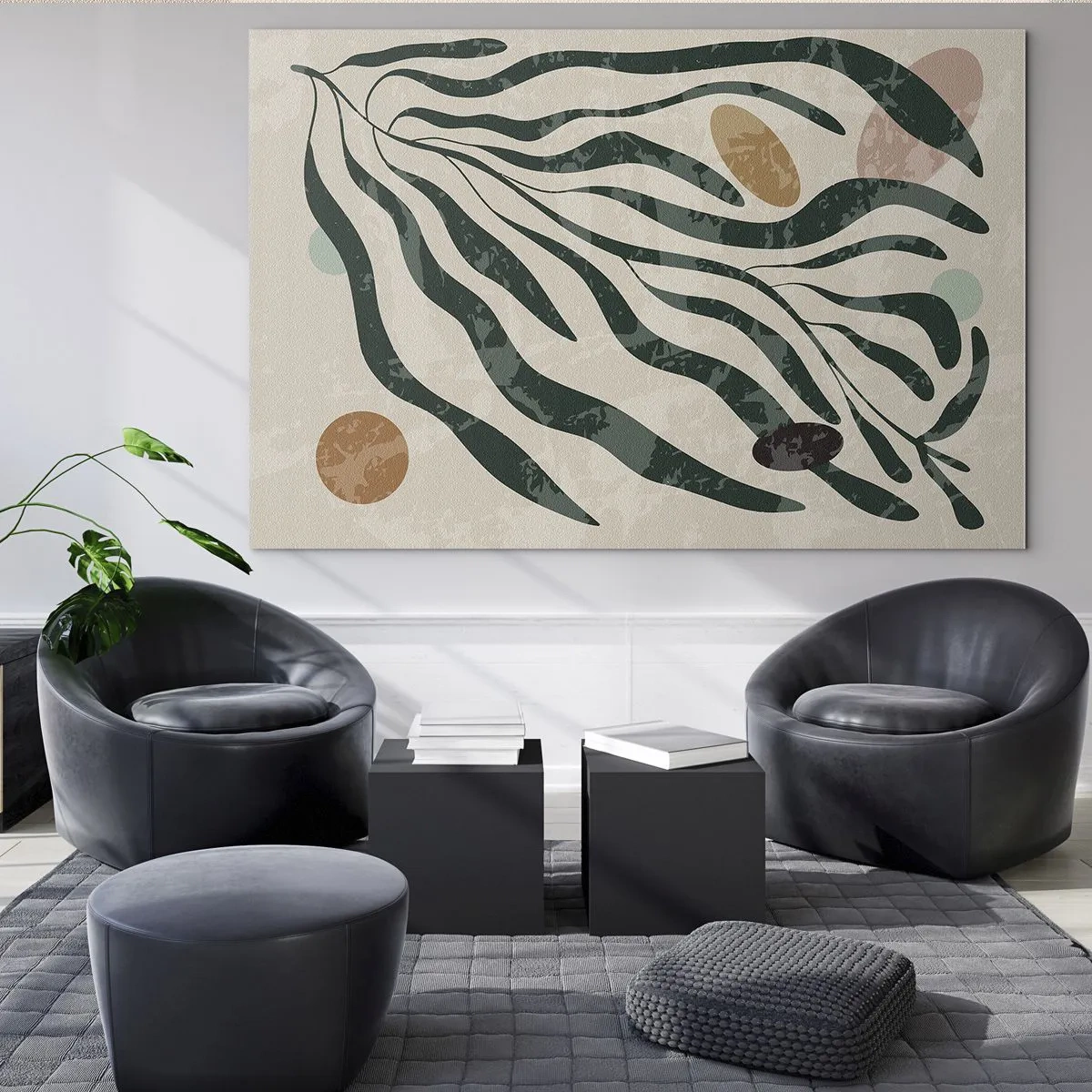 Obraz na szkle - Organiczne kształty w zieleni na beżowym tle - 70x50cm - Pośród zieleni - Nowoczesna dekoracja ścienna do salonu i sypialni ARTTOR