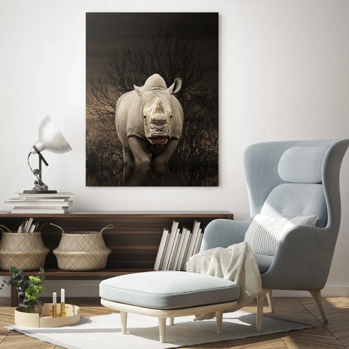 Obraz na szkle - Nosorożec na tle zachodzącego słońca - 50x70cm - Biały przeciw naturze - Nowoczesna dekoracja ścienna do salonu, kuchni i sypialni ARTTOR