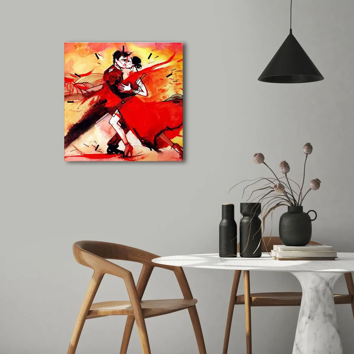 Zegar ścienny - Para tańcząca tango w czerwonych tonacjach na dynamicznym tle - 30x30cm - Purpurowy rytm namiętności - Nowoczesna dekoracja ścienna do salonu i sypialni ARTTOR