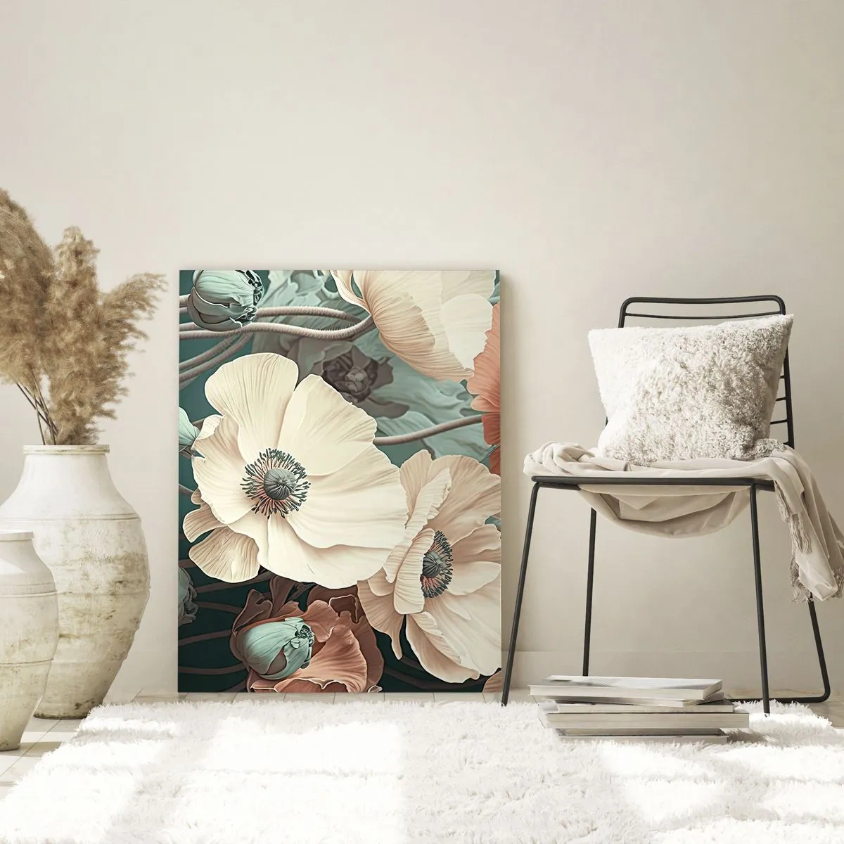Obraz na szkle - Delikatne kremowe i łososiowe maki na ciemnym tle - 50x70cm - Szept maków - Nowoczesna dekoracja ścienna do salonu, kuchni i sypialni ARTTOR
