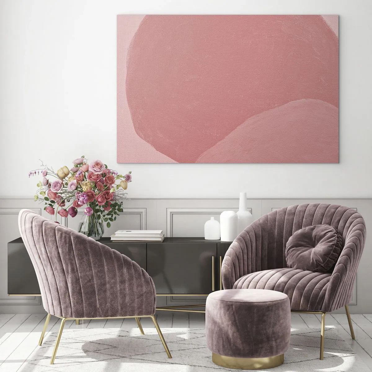 Obraz na szkle - Abstrakcyjna forma w odcieniach różu i pastelowych barwach - 70x50cm - Organiczna kompozycja w różu - Nowoczesna dekoracja ścienna do salonu i sypialni ARTTOR